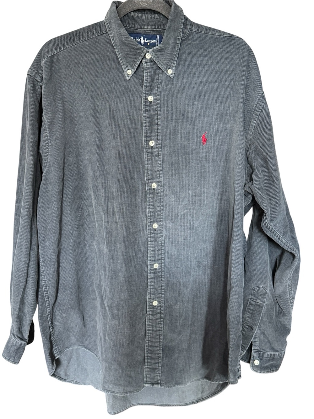 Vintage Ralph Lauren Gray Cotton Corduroy Button-Down Shirt Pink Pony Sz L